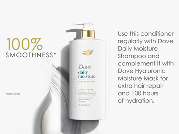 Dove Daily Moisture bottle next to text about the use of other products to get 100% smoothness.