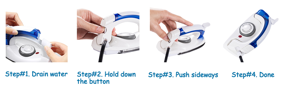How to fold it: first drain water, then hold down the button and push sideways.