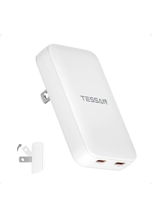 USB C Charger Block PD 65W, TESSAN Flat Fast Charger Foldable, GaN Type C Charging Block 2 Ports,...
