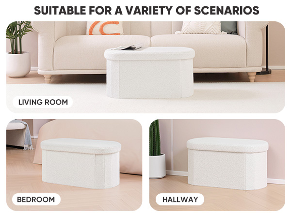 White storage ottoman shown in three settings: living room, bedroom, and hallway, demonstrating versatile placement options.