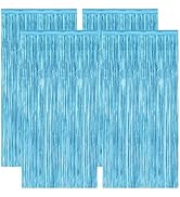 4 Pack Party Decorations, 3.28 FT x 7.05 FT Blue Foil Streamers, Metallic Sky Blue Backdrop Fring...