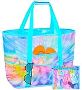 Mesh Beach Bag - Large Beach Tote Bag Women Pool Bags with Zipper 10 Pockets Foldable Beach Toy B...