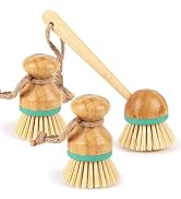 TOPULORS Set of 3 Bamboo Dish Scrub Brushes Wooden Handle Stiff Bristles Scrubbers for Cast Iron ...