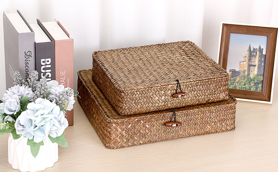 Woven Wicker Storage Bin with Lid Natural Seagrass Basket Box Multipurpose Home Organizer for Shelf
