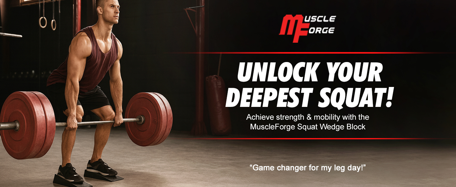 Text reads: 'UNLOCK YOUR DEEPEST SQUAT!' and 'Muscle Engine'. Fitness-themed promotional image showing weightlifting scene with barbell.