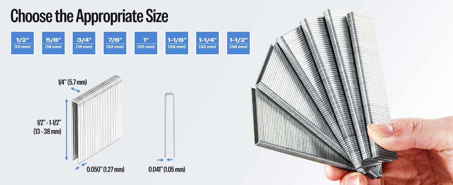 Various sizes of metal staples displayed. Image shows a size chart, individual staple dimensions, and a hand holding a fan-shaped array of staples demonstrating different lengths.
