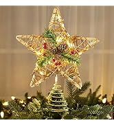 Brizled Christmas Tree Star, 10'' Rattan Christmas Tree Topper with 30 LED Lights, Battery Powere...