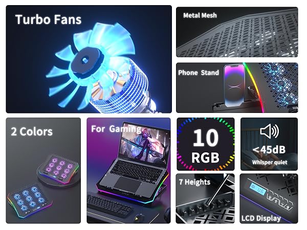 9 turbo fans,10 RGB lights,whisper quiet, LCD display, perfect for gaming & working, phone stand