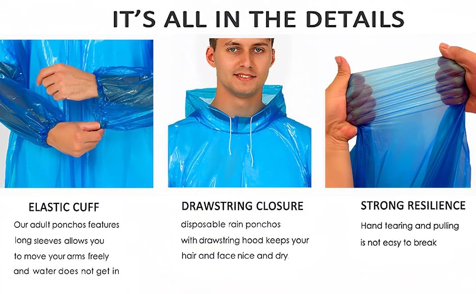 Rain Ponchos for Family Adults - Disposable Adult Rain Poncho with Drawstring Hood