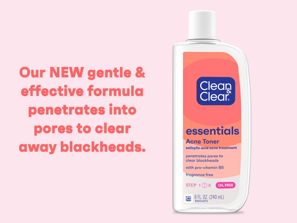 bottle of Clean & Clear Essentials Acne Toner on coral colored background new gentle formula