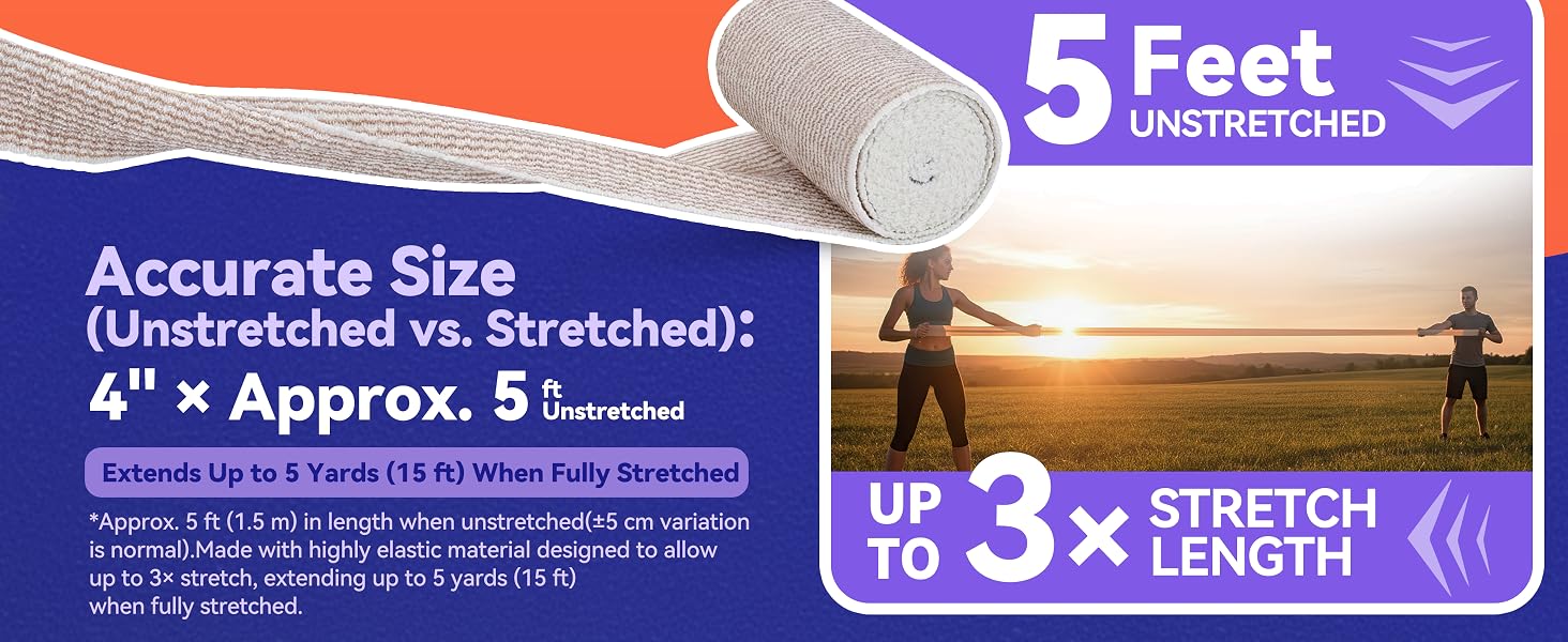4-inch elastic bandage measures 5 ft unstretched and stretches up to 3 times longer