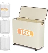 Yecaye 180L Laundry Basket With Lid and Removable 3 Bags, Large Rolling Laundry Hamper with Lid, ...