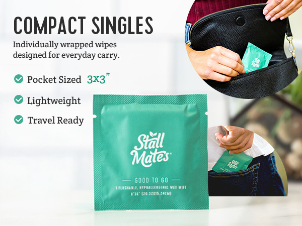 Stall Mates wipes. Compact singles individually wrapped for travel. Pocket-sized 3 inch packets.
