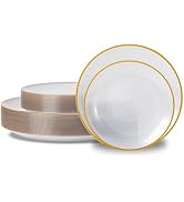 N9R 60PCS White Plastic Plates with Gold Rim, Elegant Disposable Plates, Circular Ribbed Design, ...