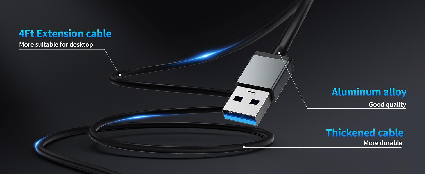USB extension cable with aluminum alloy connector. Features include 4Ft length, thickened durable cable, and blue LED light. Suitable for desktop use.