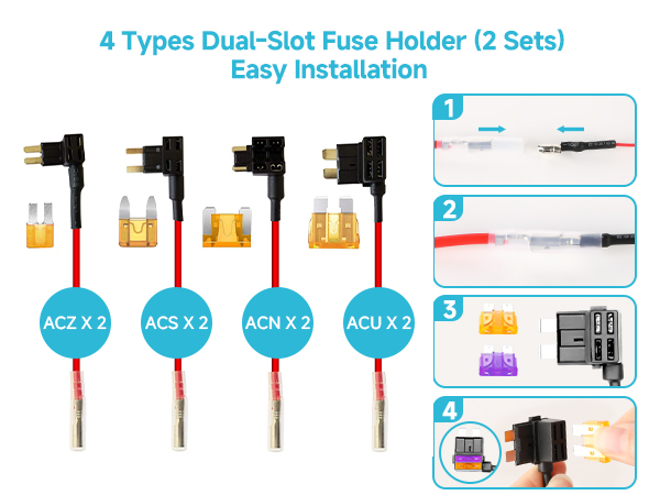 Dual-slot fuse holder set with 4 types: ACZ, ACS, ACN, ACU. Diagram shows easy installation process in 4 steps.