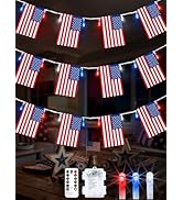 4th of July Decoration, 24FT 50LED Red White and Blue String Lights 25 American Flags, Battery Op...