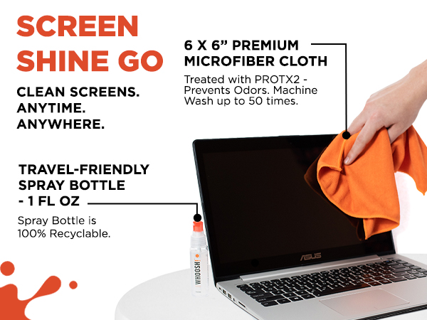 Hand wiping a laptop screen with a WHOOSH! microfiber cloth and 1 fl oz travel spray bottle.