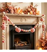 Whaline 8.2Ft Fall Felt Ball Garland Pink Pumpkin Pom Pom Hanging Banner Harvest Pumpkin Felt Bal...
