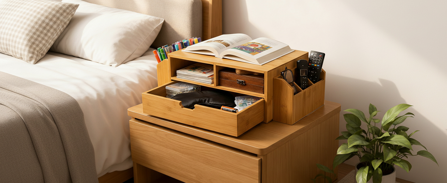 2 Tier Bamboo Desktop Organizer, Desk Monitor Stand Riser