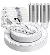 Pryntono 350 PCS White and Silver Plastic Dinnerware Set for 50 Guests, 100 Thanksgiving Disposab...