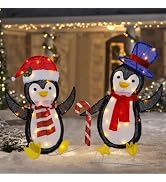 WATERGLIDE Set of 2 Lighted Christmas Tinsel Penguins, Pre-Lit 2D Stacked Penguin with Incandesce...