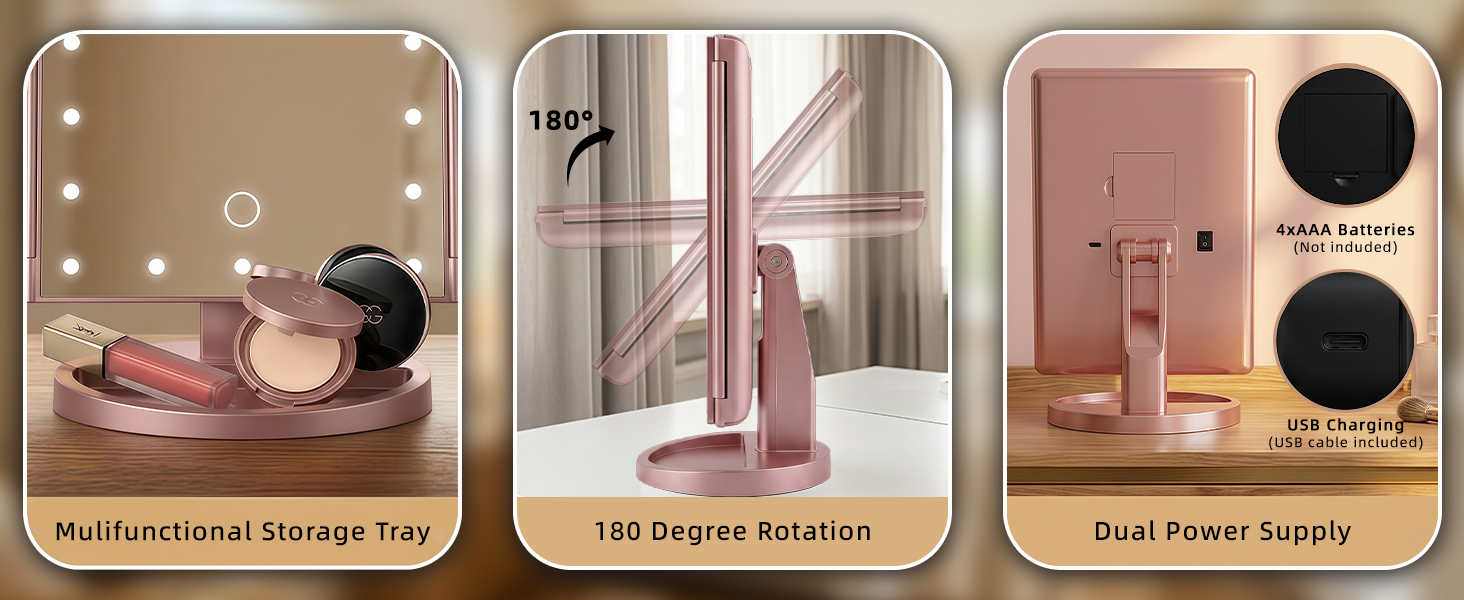 Tri-fold vanity mirror with storage base, 180-degree rotation and dual power supply.