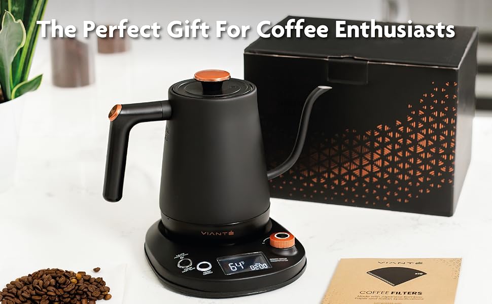 gooseneck kettle and coffee filters with back giftbox