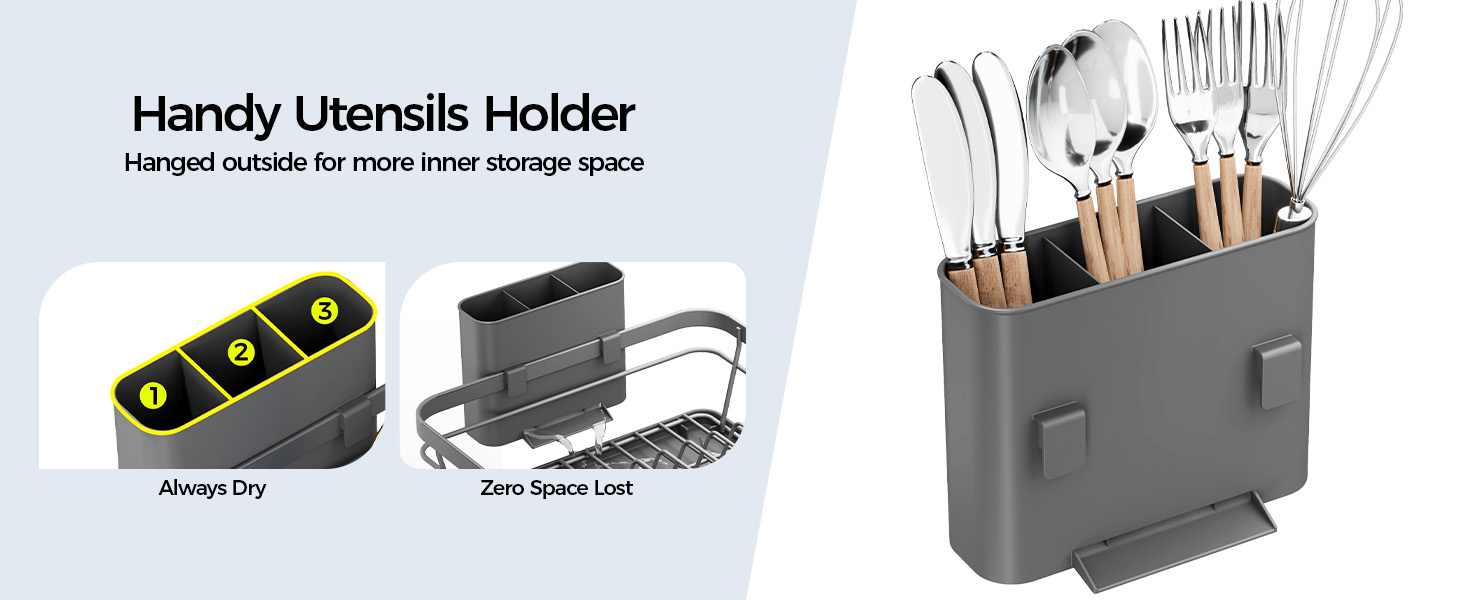 Text reads "Handy Utensils Holder", "Hinged pushable for more inner storage space". Gray utensil holder with hanging bracket and brushes inside. Side view shows "Armour Tray" and internal "Pens Sorter Tray" compartments.