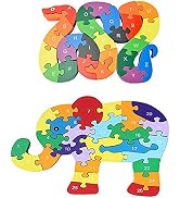 2PCS Animal Wooden Puzzle Alphabet Jigsaw Puzzle, Wooden Snake & Elephant Letters Numbers Block T...