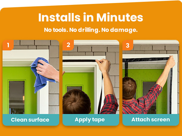 3-step guide for black screen door: 1. Clean surface, 2. Apply tape, 3. Attach screen. No tools.