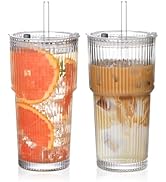AUFXKOO 20oz Ribbed Glass Cups with Lids and Straws,2PCS Glass Tumbler with Straw and Lid,Drinkin...
