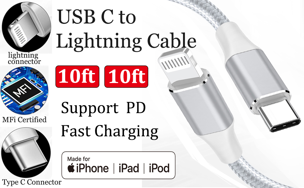 USB C to Lightning Cable 10ft