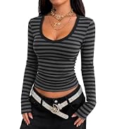 LOMON Long Sleeve Shirts for Women Deep V Neck T-Shirt Ribbed Knit Slim Fit Casual Basic Crop Top...