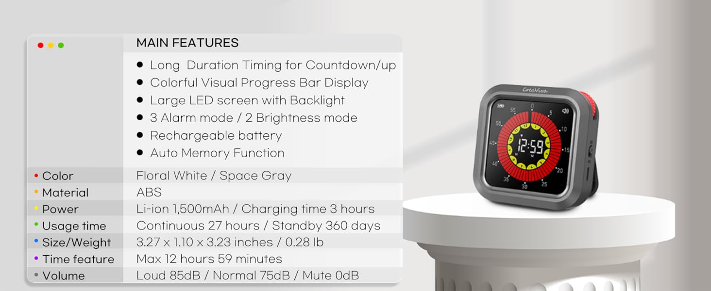creaviva digital visual timer long hour tracking visual rechargeable USB