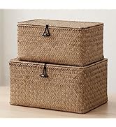 Nonam Storage Basket with Lid, Natural Seagrass Bin with Lid Set of 2, Shelf Baskets Multipurpose...