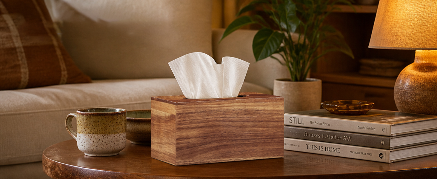 Wood Tissue Box Cover Rectangle with Slide-Out Bottom, Wooden Decorative Cube Facial Tissue Holder
