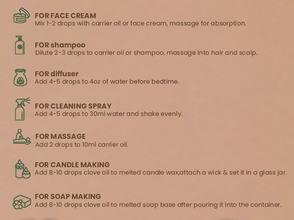 Text lists seven product uses: 'FOR FACE CREAM', 'FOR SHAMPOO', 'FOR DIFFUSER', 'FOR CLEANING SPRAY', 'FOR MASSAGE', 'FOR CANDLE MAKING', 'FOR SOAP MAKING' with detailed instructions for each use.