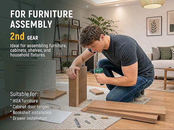 Power screwdriver for furniture assembly, cabinets, shelves and drawer installation