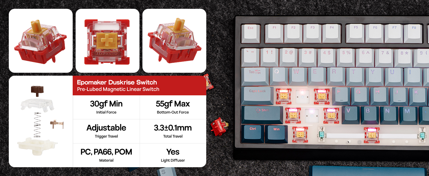 Various keyboard layouts and customization options shown on black mechanical keyboards with red accent keys.