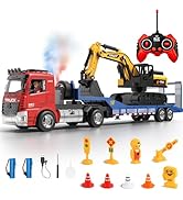Fistone RC Semi-Trailer Truck & Friction Powered Excavator Toy Set, 1:24 Scale with Sound and Lig...