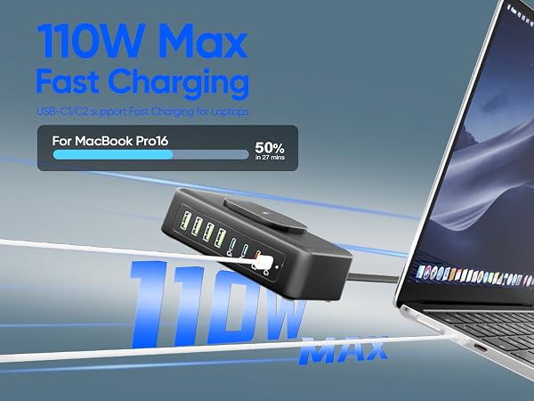 USB Charging Station, USB C Charger Block with 2AC Outlets& Wireless Charger, USB Power Strip