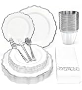 Glowserve 175 Plastic Dinnerware Set,Silver Disposable Dinnerware Set for 25 Guests Include 50 Pl...