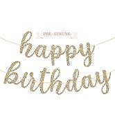 Pre-strung Happy Birthday Banner - No DIY - Gold Glitter Birthday Party Banner in Script - Pre-st...