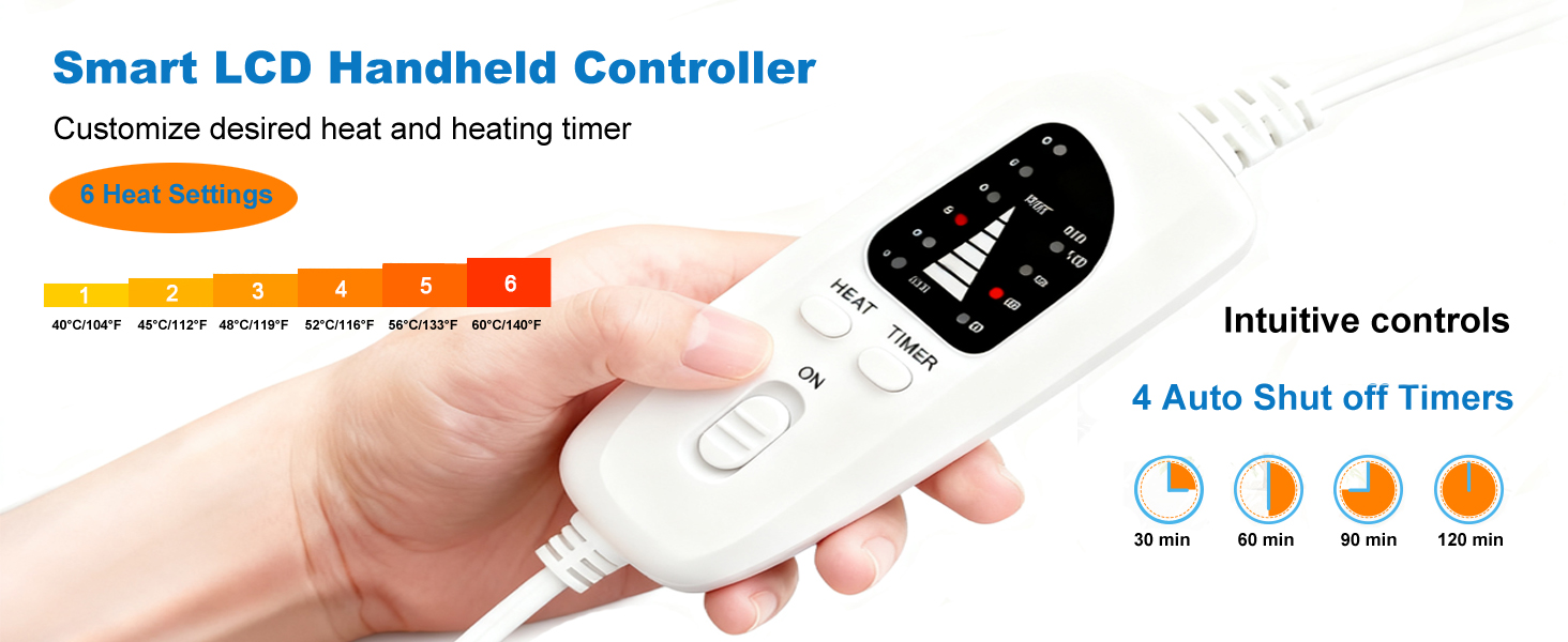 Remote control for 6 heat settings (104°F-140°F) and 4 auto-shutoff timers for safe, customized use