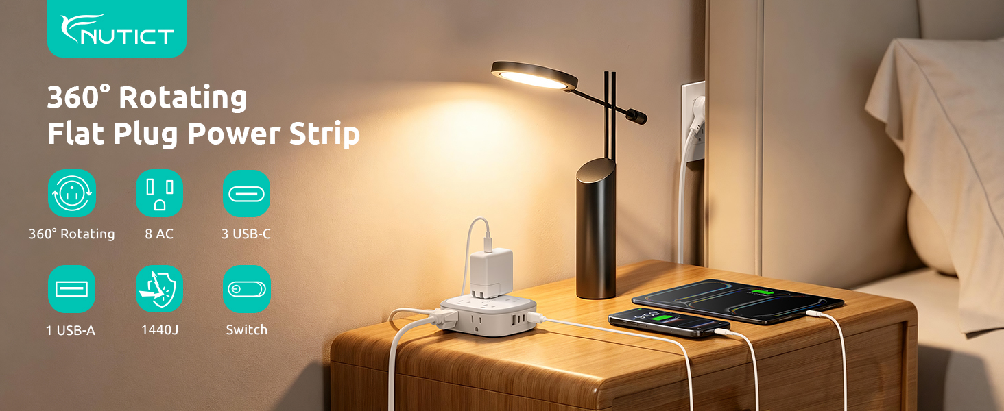 360° Rotating Flat Plug Power Strip