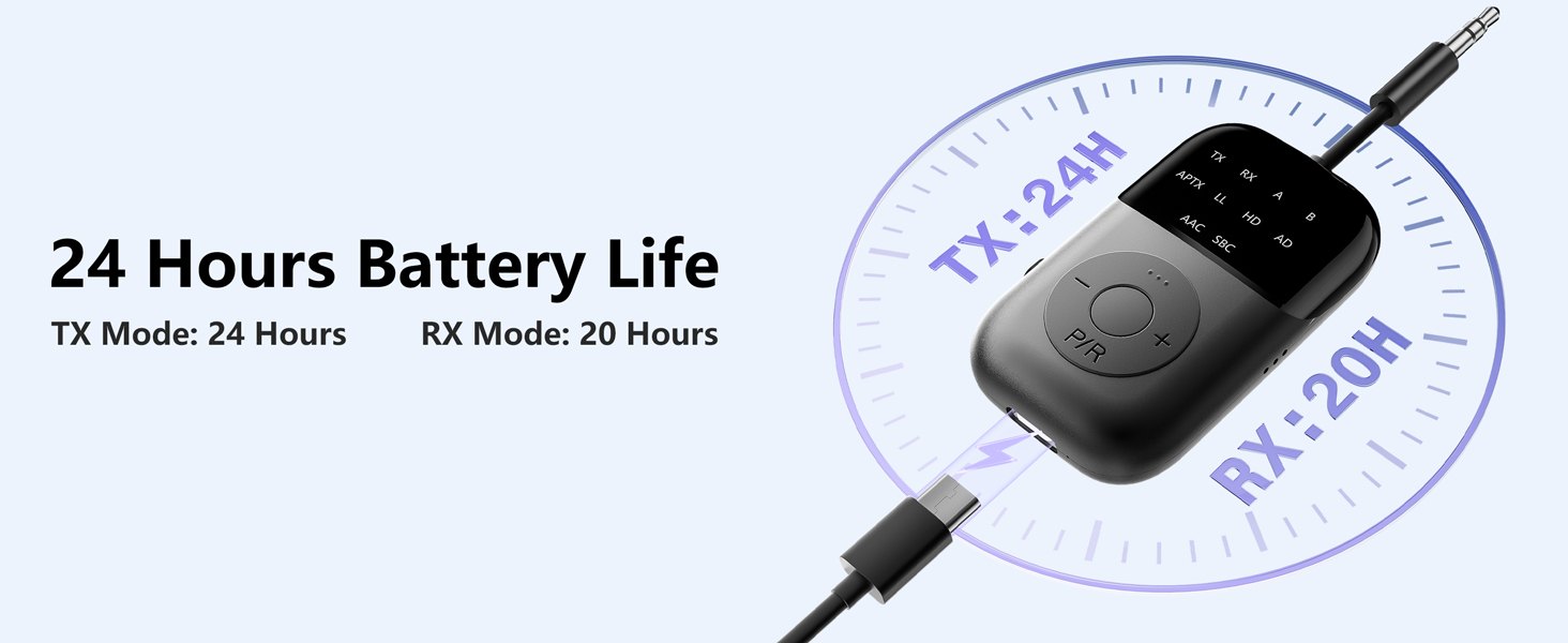 Circular diagram showing 24-hour battery life specification for TX-24M device with black electronic component in center.