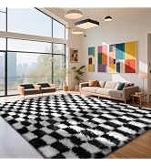 Checkered Rug for Living Room, 8x10 Black and White Area Rugs, Classic Checkered Carpets Shaggy A...
