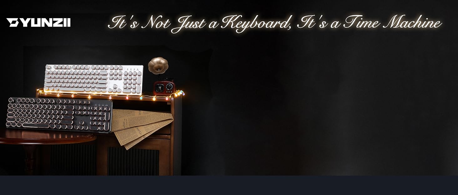 Text reads 'SYUNII' and 'It's Not Just a Keyboard, It's a Time Machine'. Close-up product shots of what appears to be a mechanical keyboard or input device on dark background.