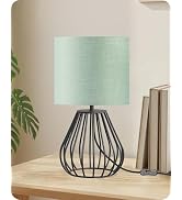 GOEBLESON Green Table Lamp, Small Sage Green Lamp with Linen Shade & Black Metal Base, Modern Nig...
